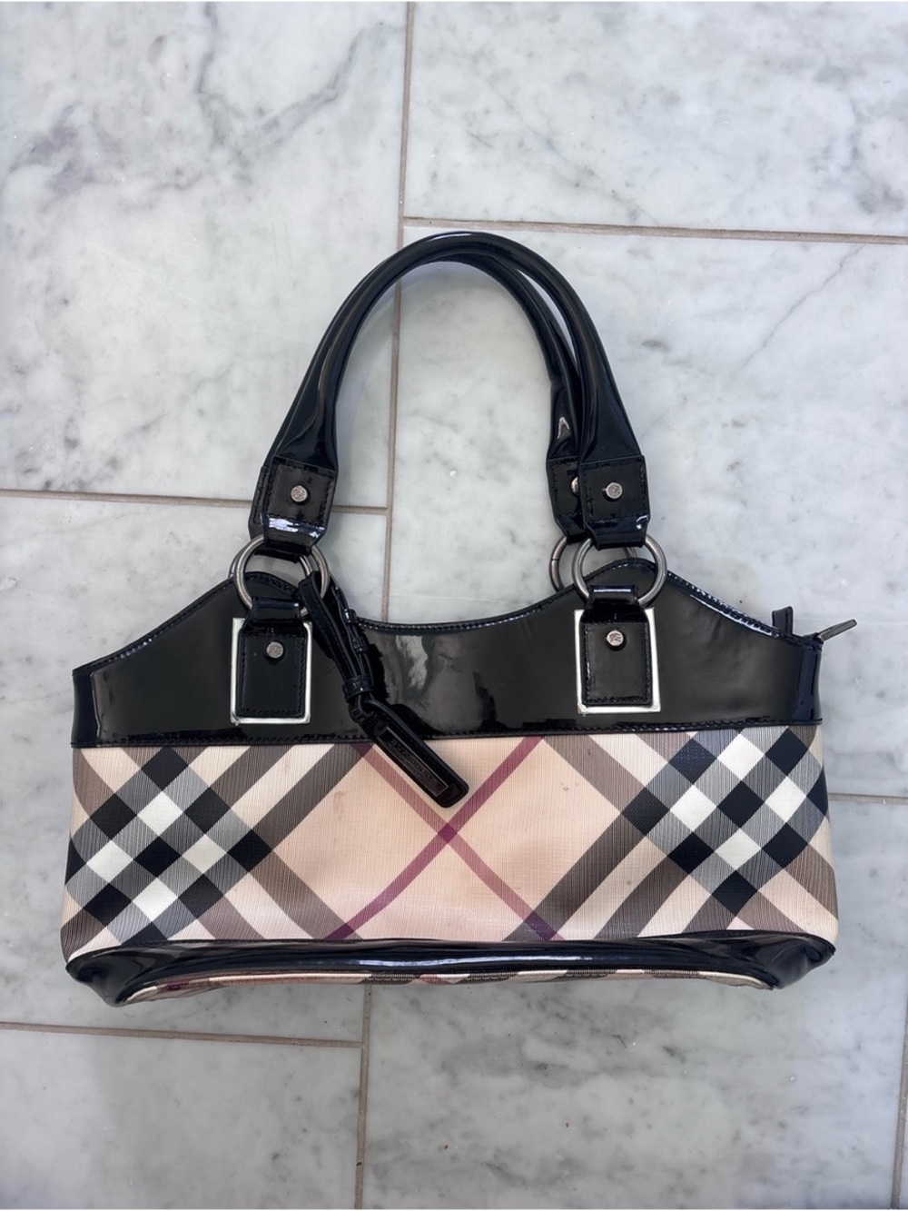 Burberry super nova check top Black Patent Trim Check hand Bag- authentic